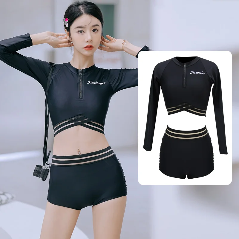 

Новинка 2022, женский купальник из двух предметов, Женская Черная спортивная одежда, купальный костюм с мягкими длинными рукавами, костюм для ...