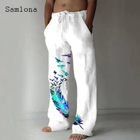 samlona 2022 mens pocket design linen pants drawstring loose trouser plus size 3xl mens fashion birds feather print sweatpants