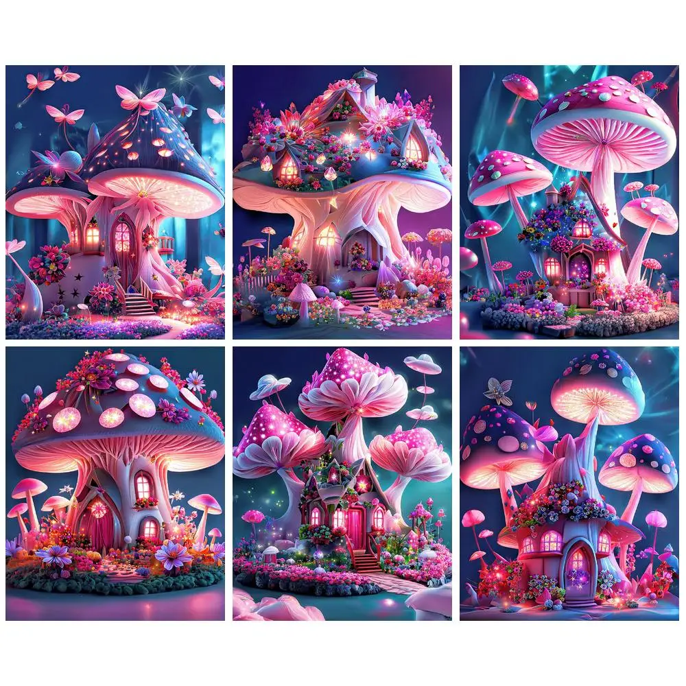 

CHENISTORY 5d Diy Diamond Painting Pink Mushroom House Scenery Full Square Diamond Mosaic Handicraft Kits Wall Art Home Decor