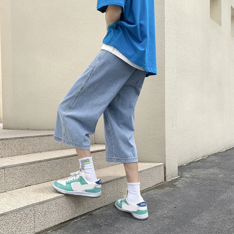 Oversized Men's Summer Streetwear Y2K Clothes Retro Denim Baggy Jeans Trend Elastic Waist Straight Cropped Pants Shorts For Men