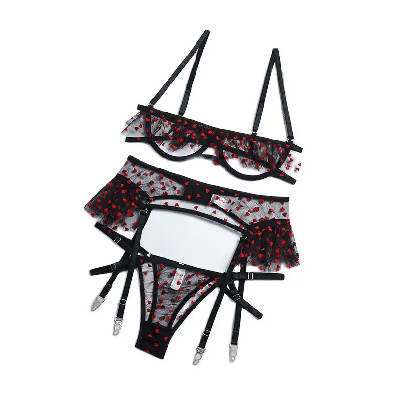 Sondr-ruffled lingerie set, heart-shaped embroidered underwear, transparent bra, sexy underwear three-piece set