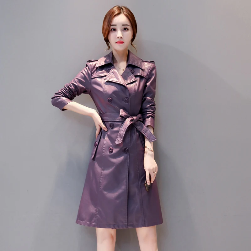 Womens Elegant PU Leather Long Jackets With Belt Ladies Faux Sheepskin Trench Coat Streetwear 5XL Female Outerwear