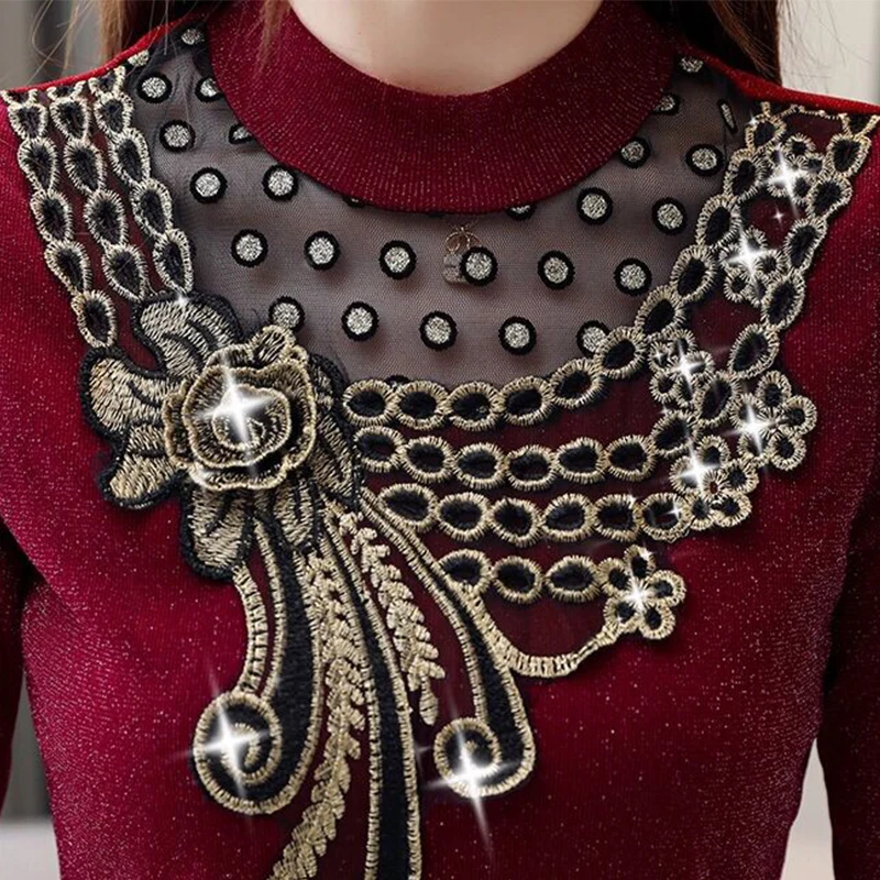 

Thicken Fleece Lace Women T-Shirts Solid Turtleneck See Through Slim Elastic Lady Elegant Pullovers Fashion Outwear Tops