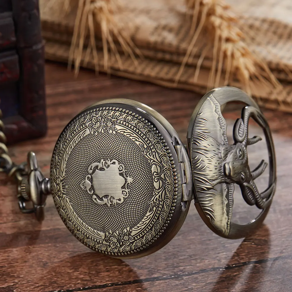 Golden Hollow Golden Goat Design Mechanical Pocket Watch Zodiac Steampunk Hand Winding Fob Unisex Watch Chain Necklace Pendent