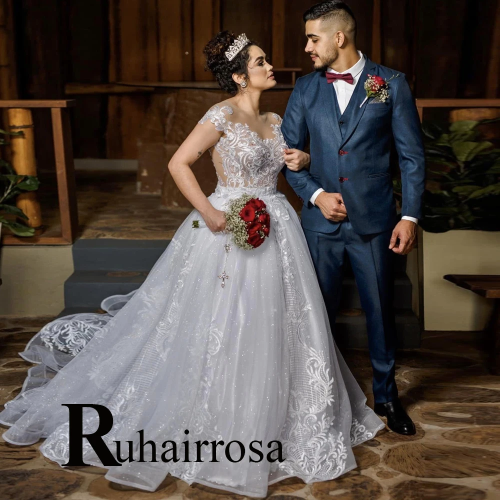 

Ruhair Princess Bling Illusion Scoop A-Line Wedding Dresses 2023 For Bride Appliques Lace Vestidos De Novia Formal Brides Gown