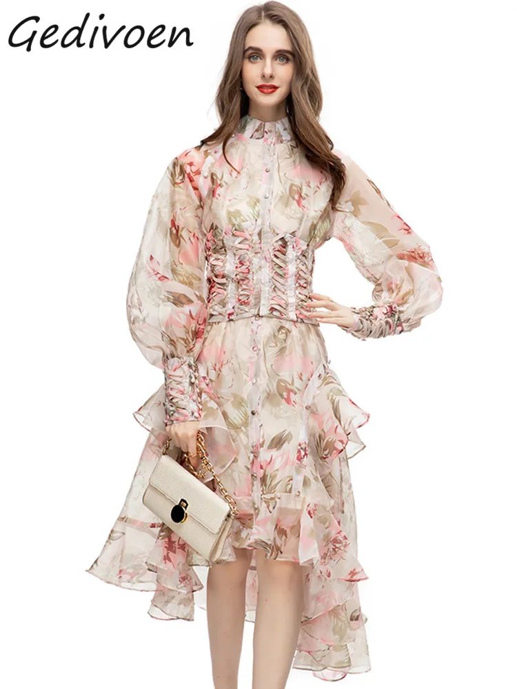 

Gedivoen Summer Fashion Designer Black Vintage Dress Women Stand Collar Button Ruffles Irregular Midi Dress+Corset 2 Pieces Set
