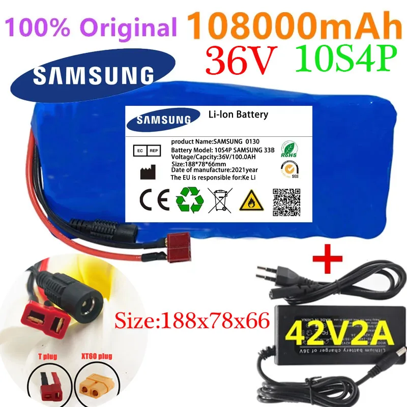 

36V Battery Pack Electric Bicycle Scooter 18650 Li-Ion Rechargeable 10S4P 108A 780W BMS Batteries Function Overcharge Protection