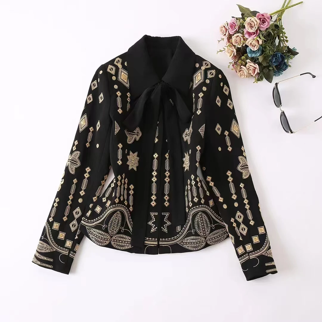 

New European and American women's wear for winter 2022 Long sleeve bow lapel heavy embroidered with gold thread Fashion coat