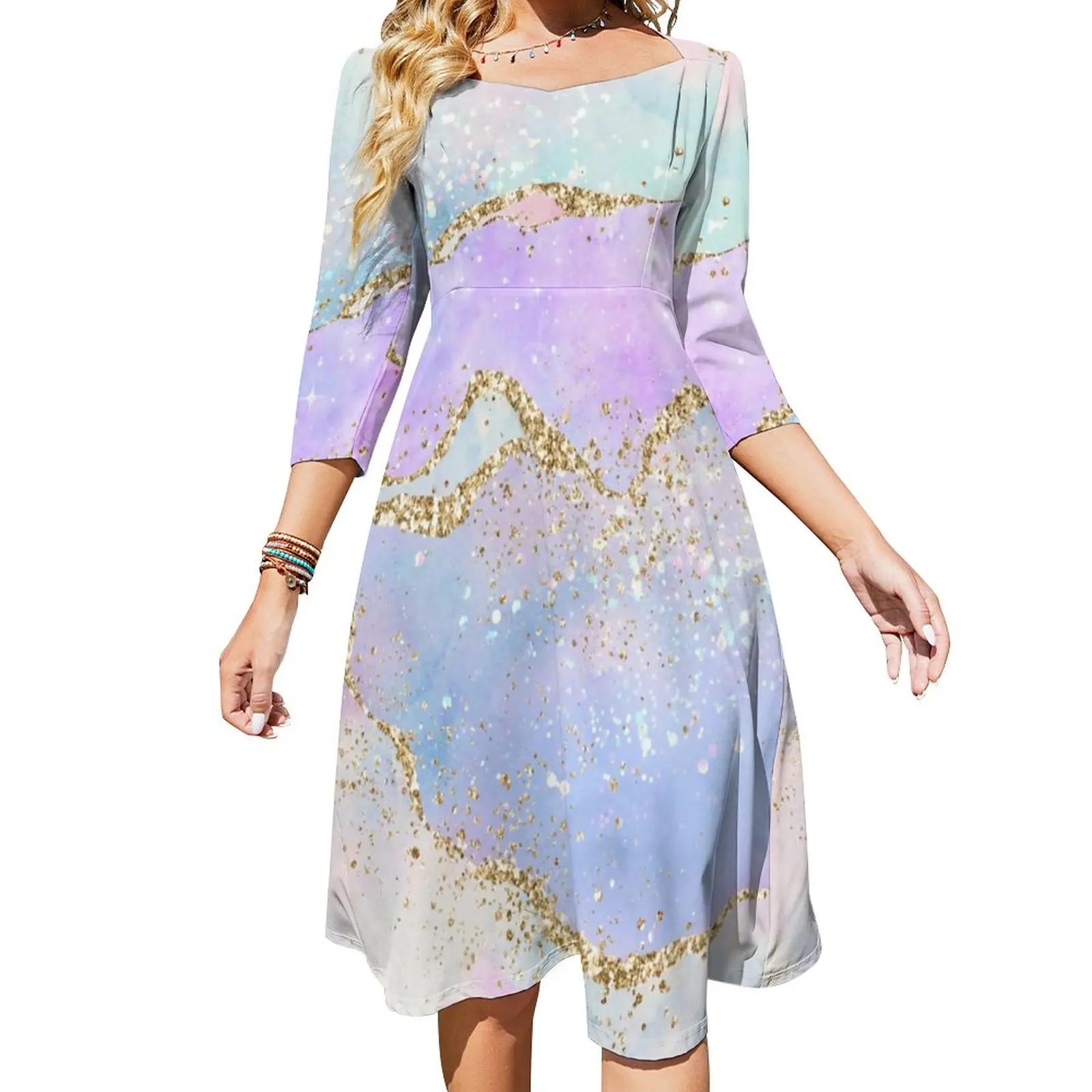 

Elegant Marble Casual Dress Female Glold Glitter Print Stylish Dresses Festival Dress With Bow Summer Oversize Vestidos