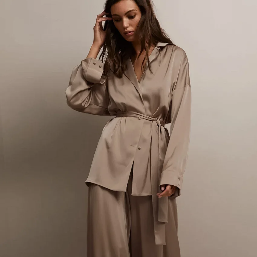 Spring Autumn Women's Long Sleeve Pajamas Set Sexy Pajamas Simulated Silk Simple French Home Clothes Trousers Loose Leisure New