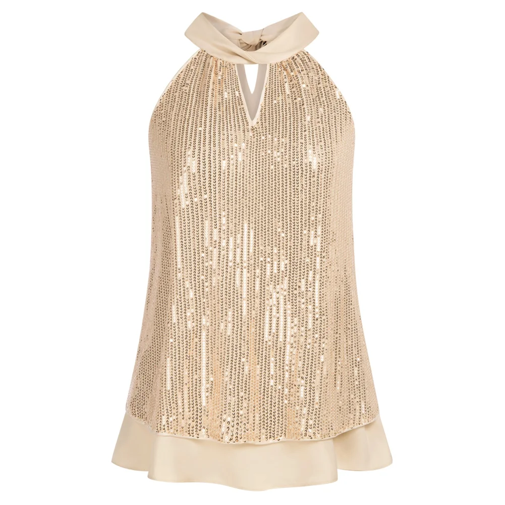 

Jasambac Women Sequined Party Tops Knotted Neck Cut-out Shoulder Tops