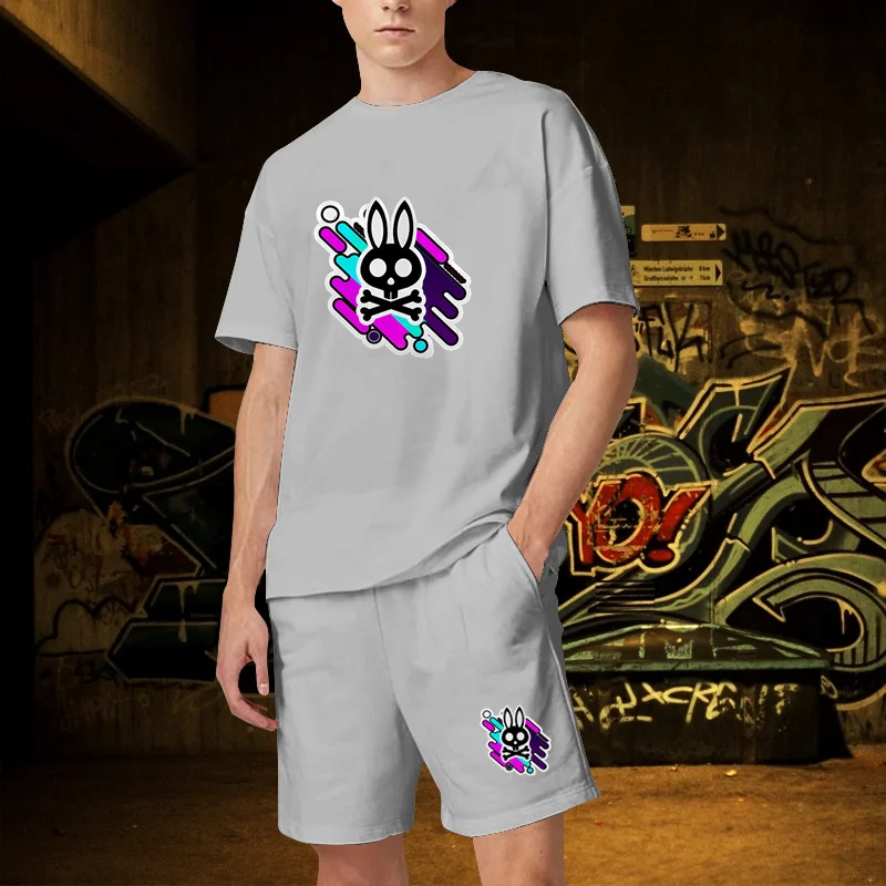 Skull Bunny Print High Quality Pure Cotton Tracksuits outfits Man TShirts Shorts 2 Pieces Set Causal Oversized Summer Men Set