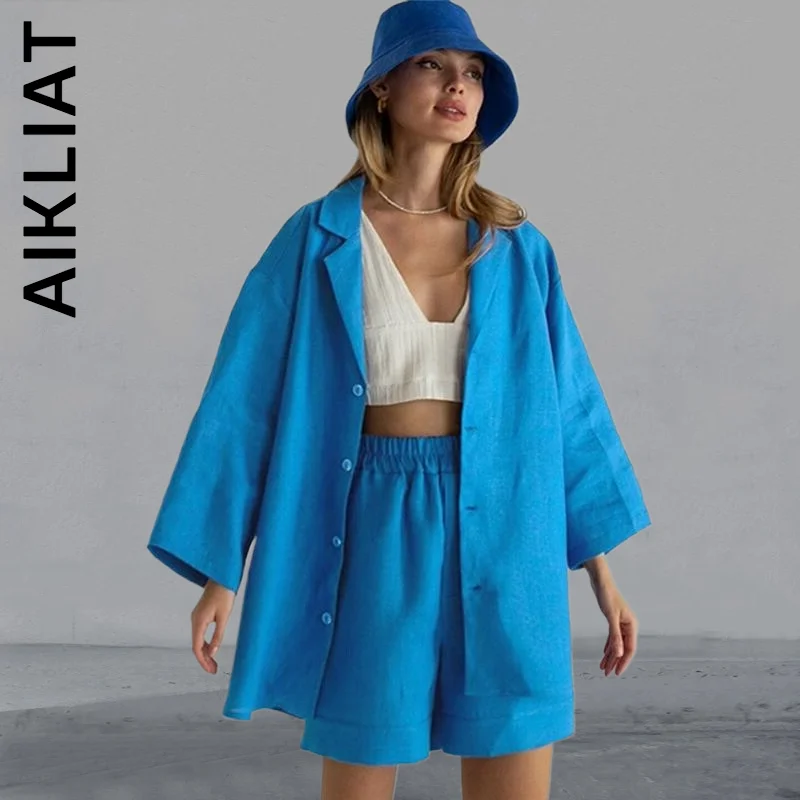 

Aikliat Spring Summer Women Set Loose Short Pants Retro Sexy 100% Cotton 2 Piece Sets Vintage Sets Loose Female Sweatsuits Women