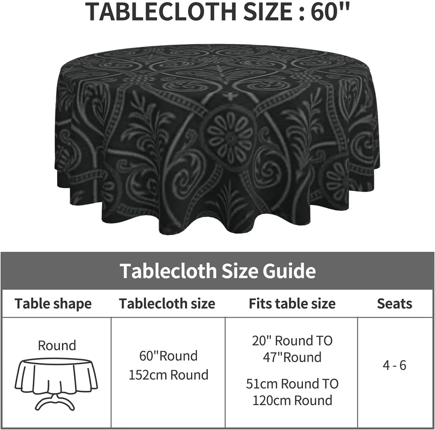 Черная Дамасская круглая скатерть с готическим узором для обеденной вечеринки