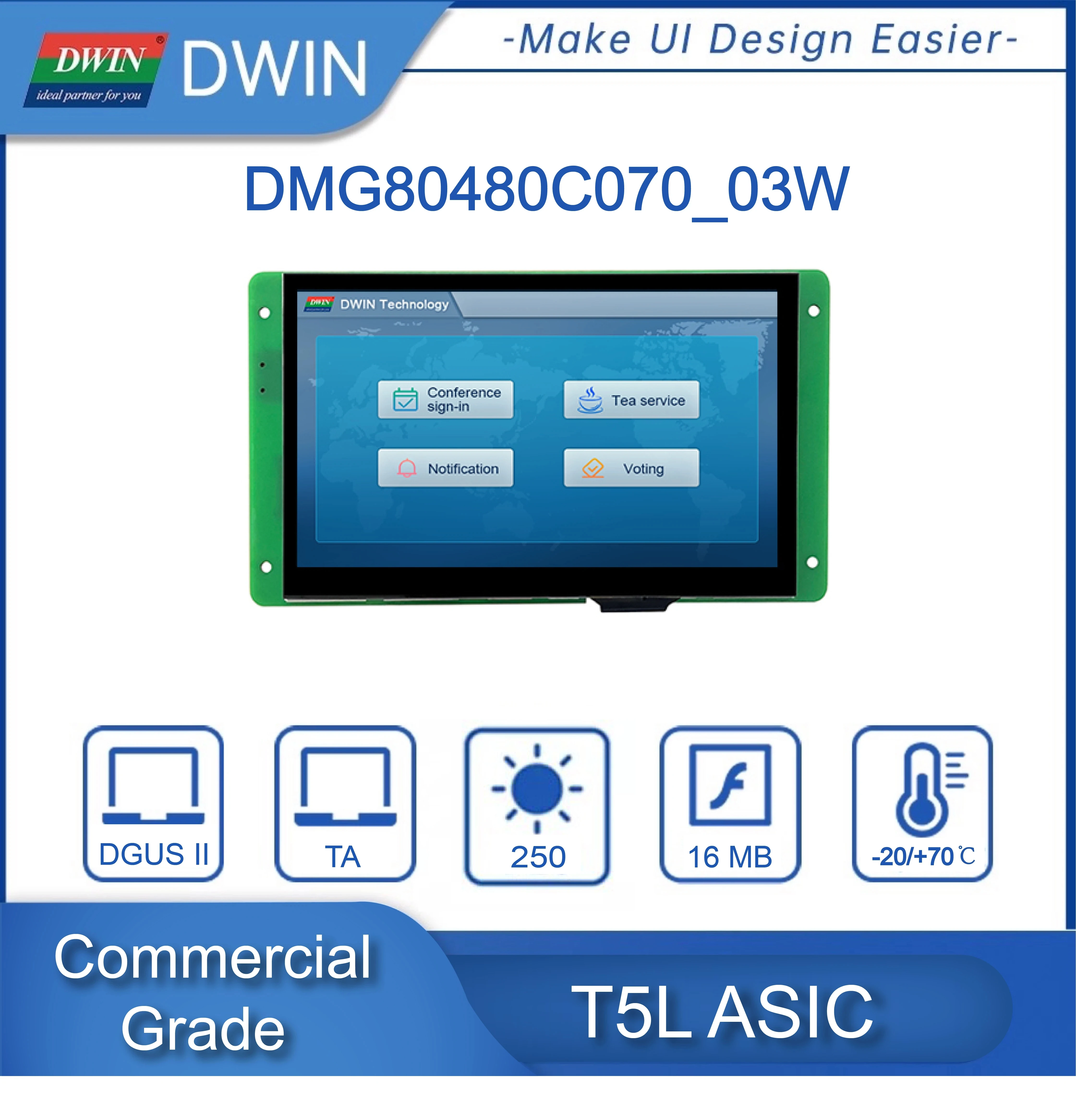 

Dwin 7.0-inch UART TFT Touch Module HMI Display 800*480 Commercial Grade 262K Colors RGB Interface TV-TN-TFT-LCD Smart Screen
