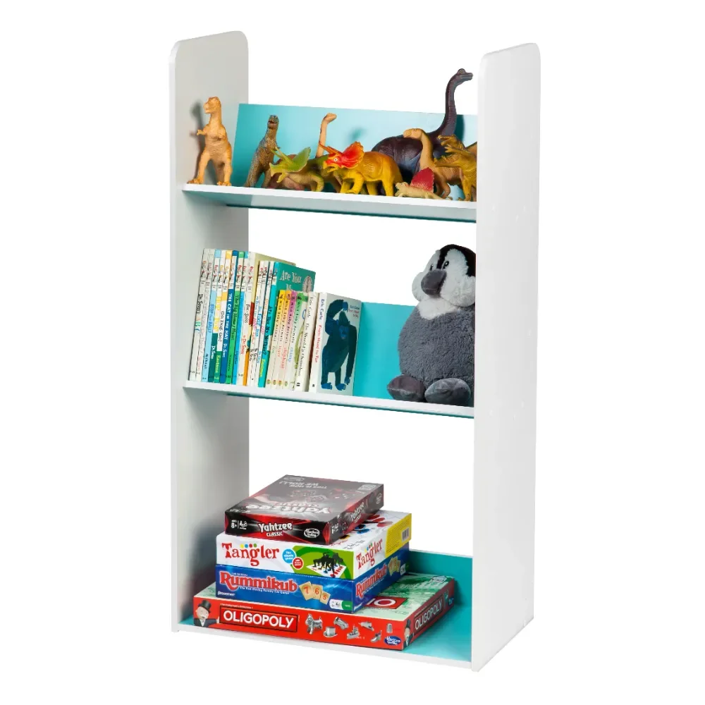 3-Tier Kid's Tilted Book Rack Shelving Unit, Blue and White