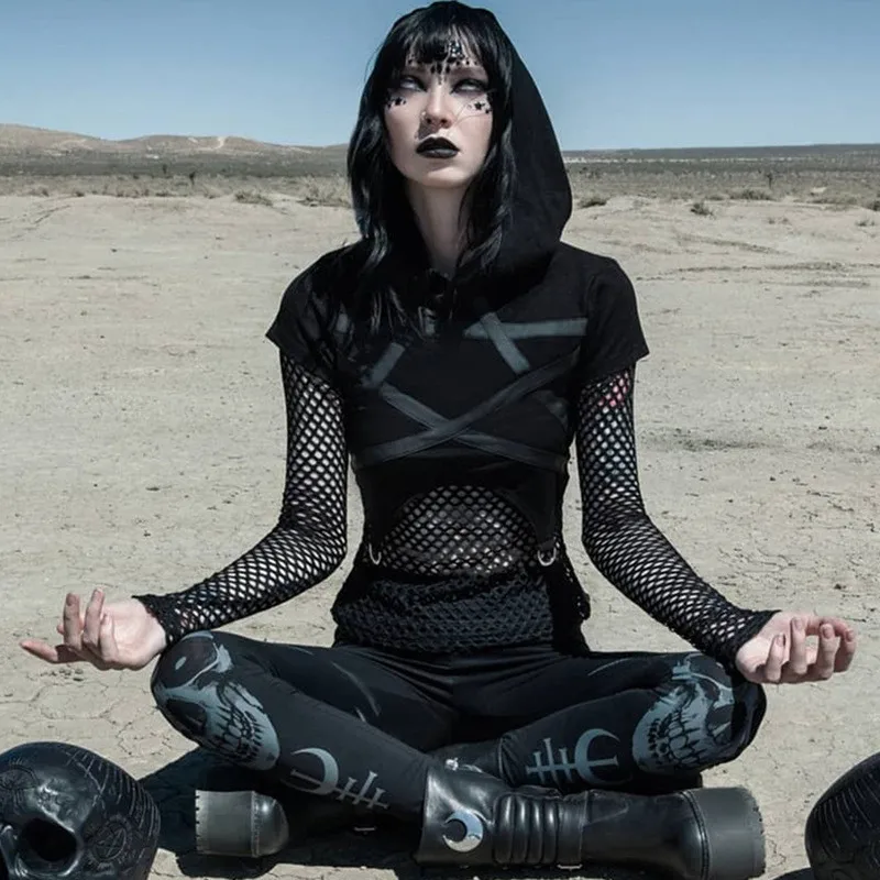 

Пентаграмма длинный рукав толстовка с капюшоном Женская одежда дыра сетка сшивание сплошной цвет темный стиль уличный хипстер