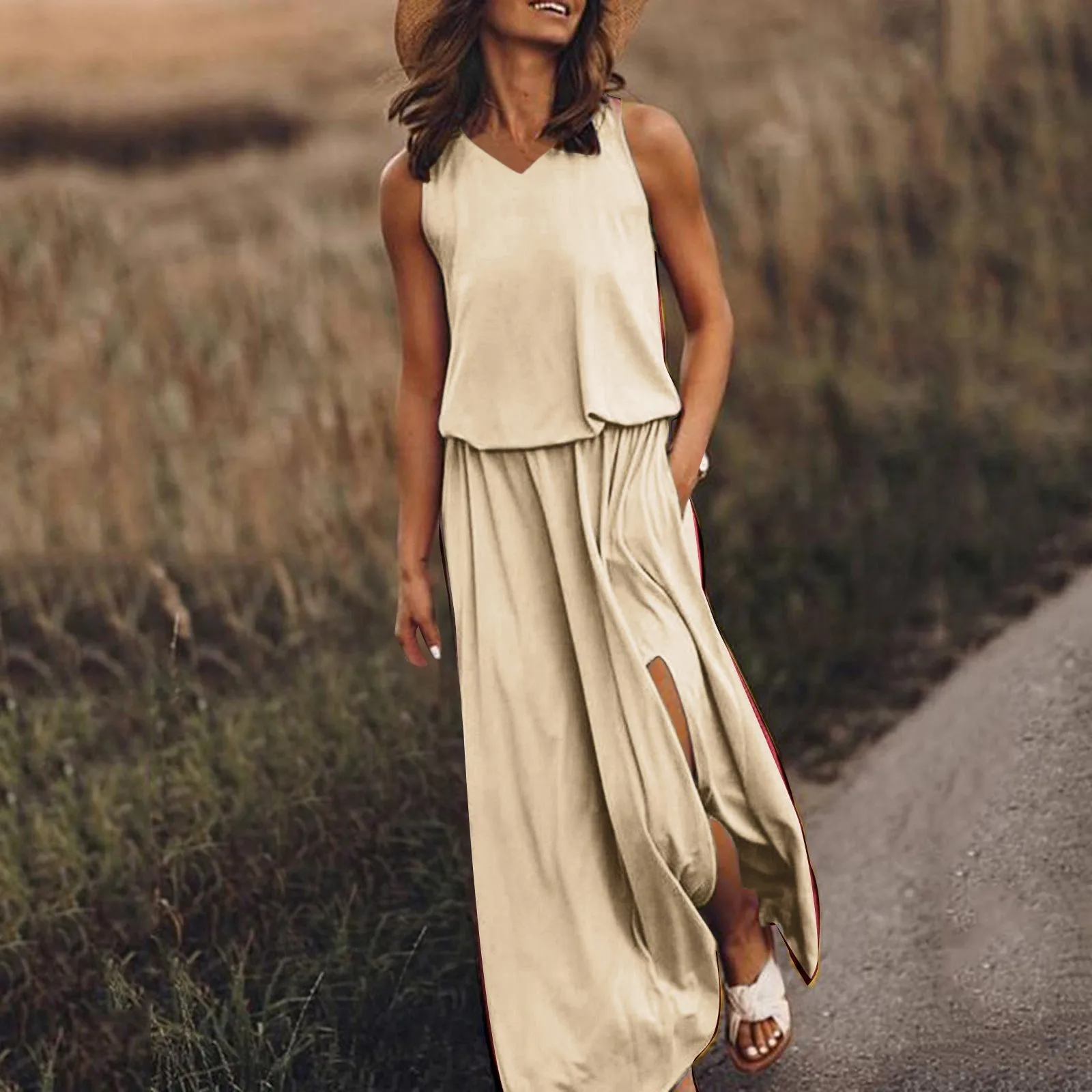 

Платье-макси с V-образным вырезом, без рукавов