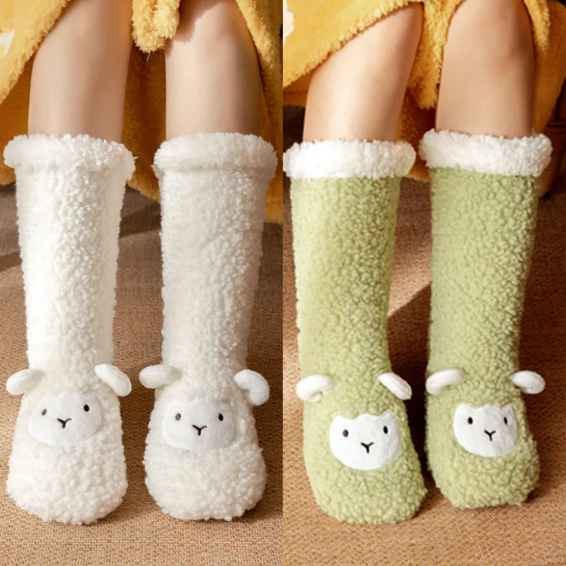 Kawaii fluffy Sock Thermal Womens Plush Grip Winter Warm Soft Female Home Indoor Silicone Non slip Thick Slipper Floor Sock