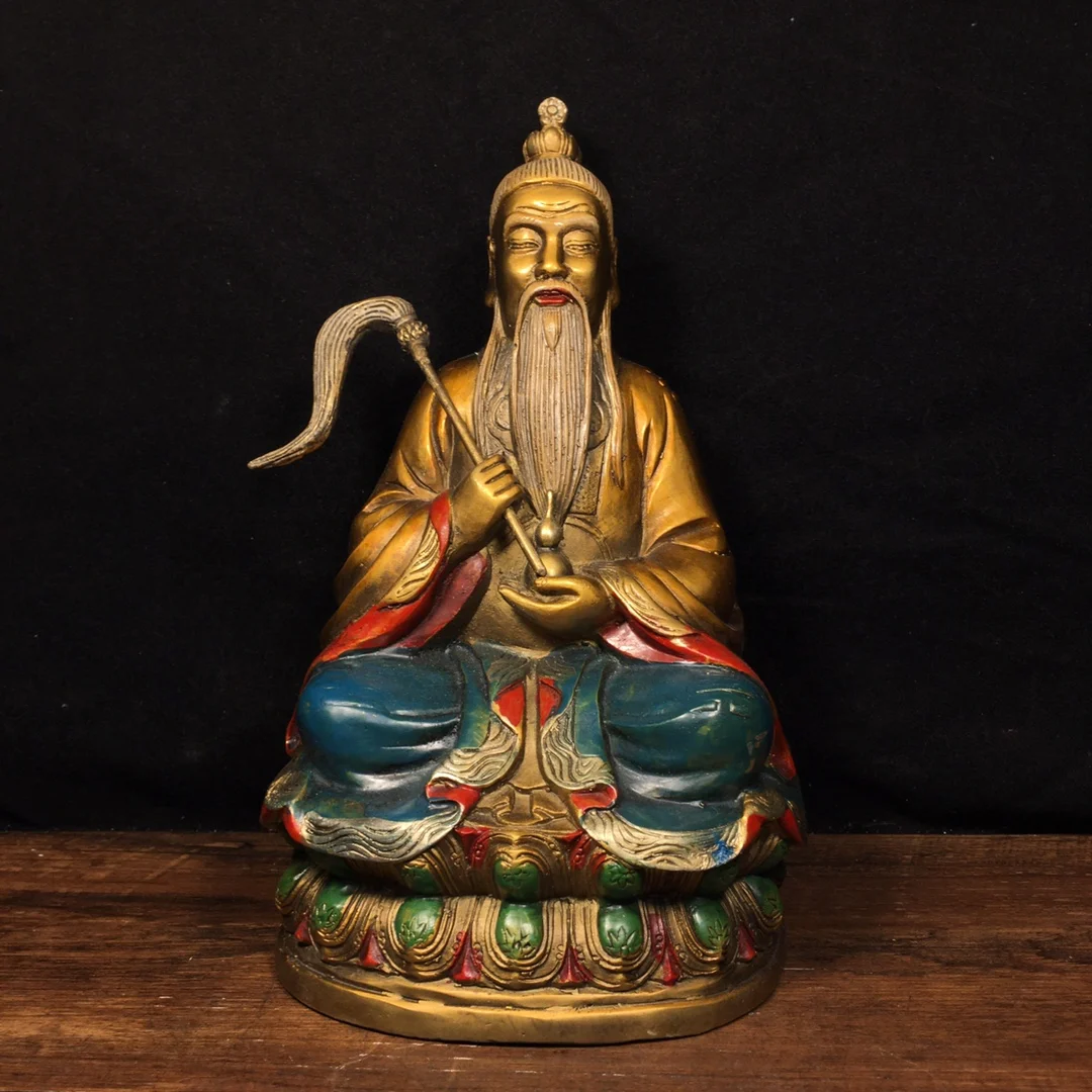 

9"Tibetan Temple Collection Old Bronze painted Lord Lao Zi Taishang Daozu moral god worship hall Town house Exorcism