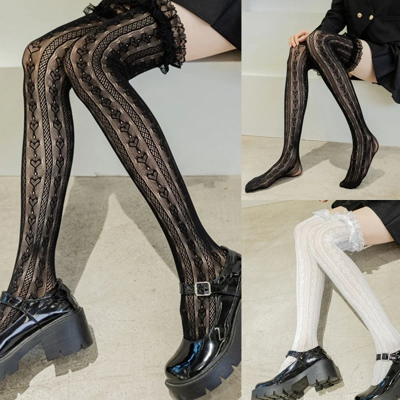 

2 Styles Sweet Heart Pattern Stockings Women's Lace Calf Socks Over Knee Socks Long Tube Love Lace Japanese Stockings