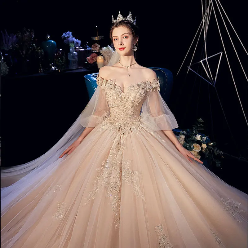 

Main Wedding Dress 2022 New Bride Long Sleeve Pregnant Women's One Shoulder French Starry Sky Luxury Dream Tuxedo Dress