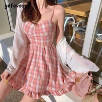 2022 new summer chic ruffle pink plaid sweet kawaii mini dress women casual korean fashion sleeveless sexy backless club dresses
