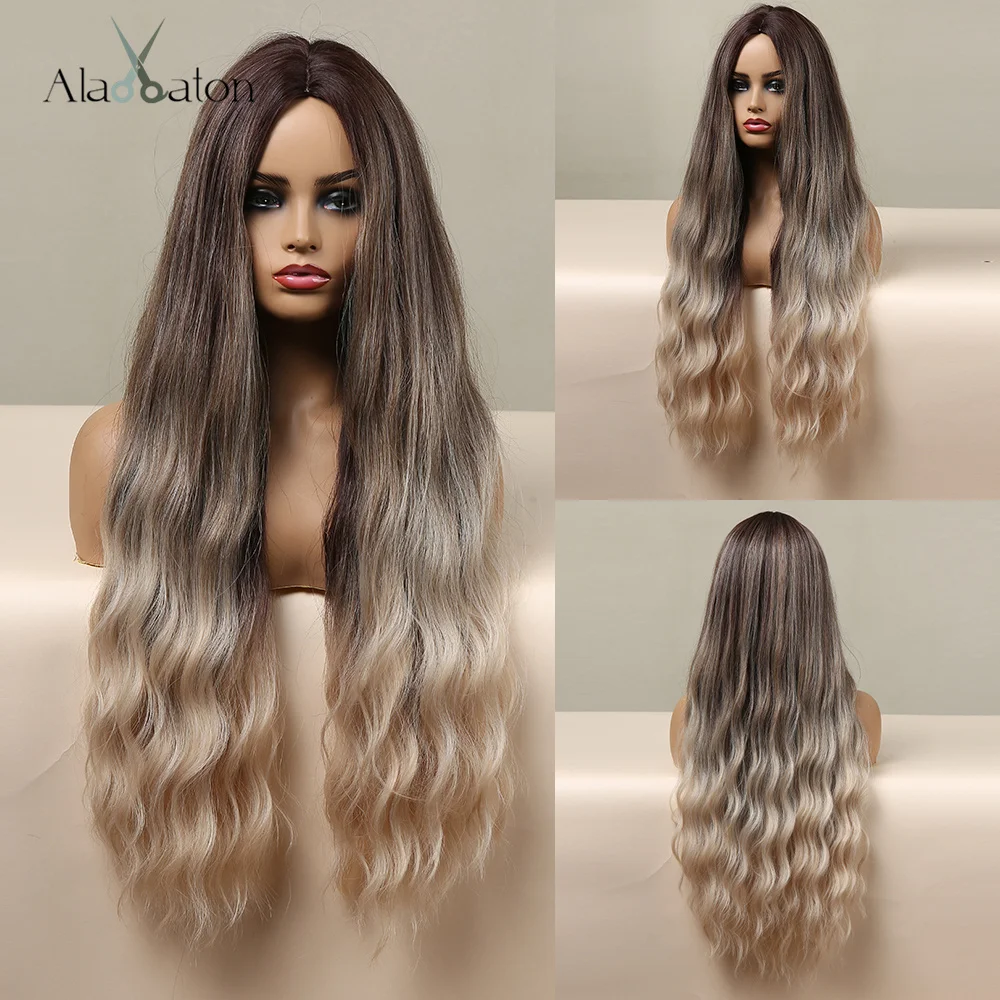 

ALAN EATON Ombre Dark Brown Blonde Wigs Middle Part Super Long Water Wave Synthetic Wigs for Women Cosplay Daily Heat Resistant