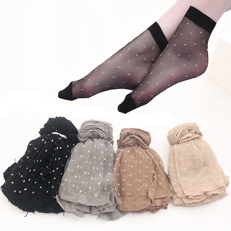 

5 Pairs/Lot Summer Fashion Sexy Ultra-thin Transparent Crystal Silk Polka Dot Socks Female High Stretch Nylon Breathable Socks