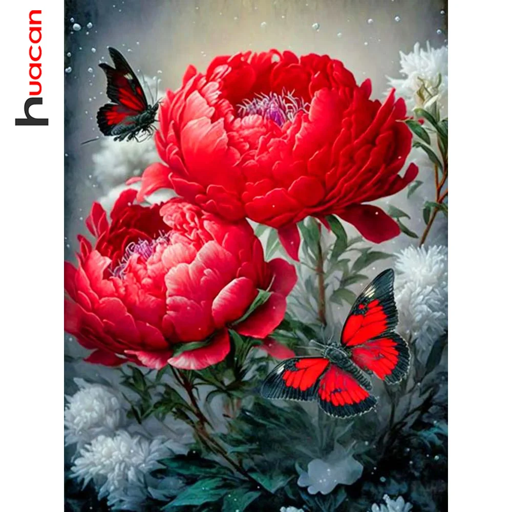

Huacan Diamond Painting Full Drill Peony Red 5d Diy Embroidery Cross Stitch Flower Butterfly Mosaic Crystal Wall Art