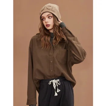 Women's Clothing Shirt Spring Brown Shirt Fake Two Pieces Corduroy Fashion Vintage Female Long Sleeve Chic Casual Blouse Tops 3