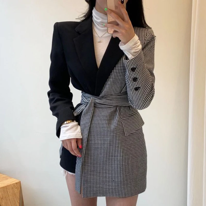 2023 Vintage Plaid Stitching Irregular Straps Long Sleeve Black Blazer Women Fall Winter New Korean Style Loose Trend Coat Indie