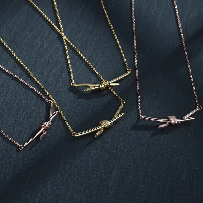 

Fine Jewelry Gold Knot Necklace 925 Sterling Silver Fashion Personality Women's Holiday Gifts Free Shipping