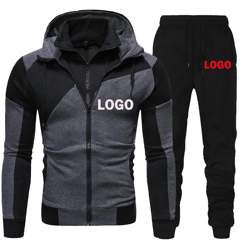 Custom Logo Men Tracksuits Set Casual Sportswear Spring Autumn Long Sleeve Hoodie Zipper Jogging Trouser Patchwork Fitness Suit
