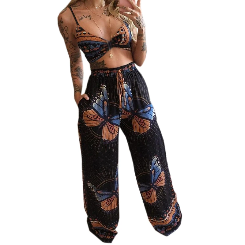 

Женские комплекты из 2 предметов, летний пикантный укороченный топ с высокой талией и широкие брюки, пляжные праздничные брюки в стиле бохо, женские летние брюки черного и белого цветов, 2023