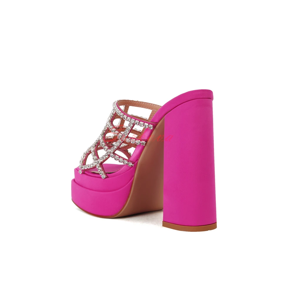Mesh Crystal Platform Block Heel Sandals Solid Color Open Toe Thick Heel Summer Outdoor High Heel Slippers Fashion Runway Shoes