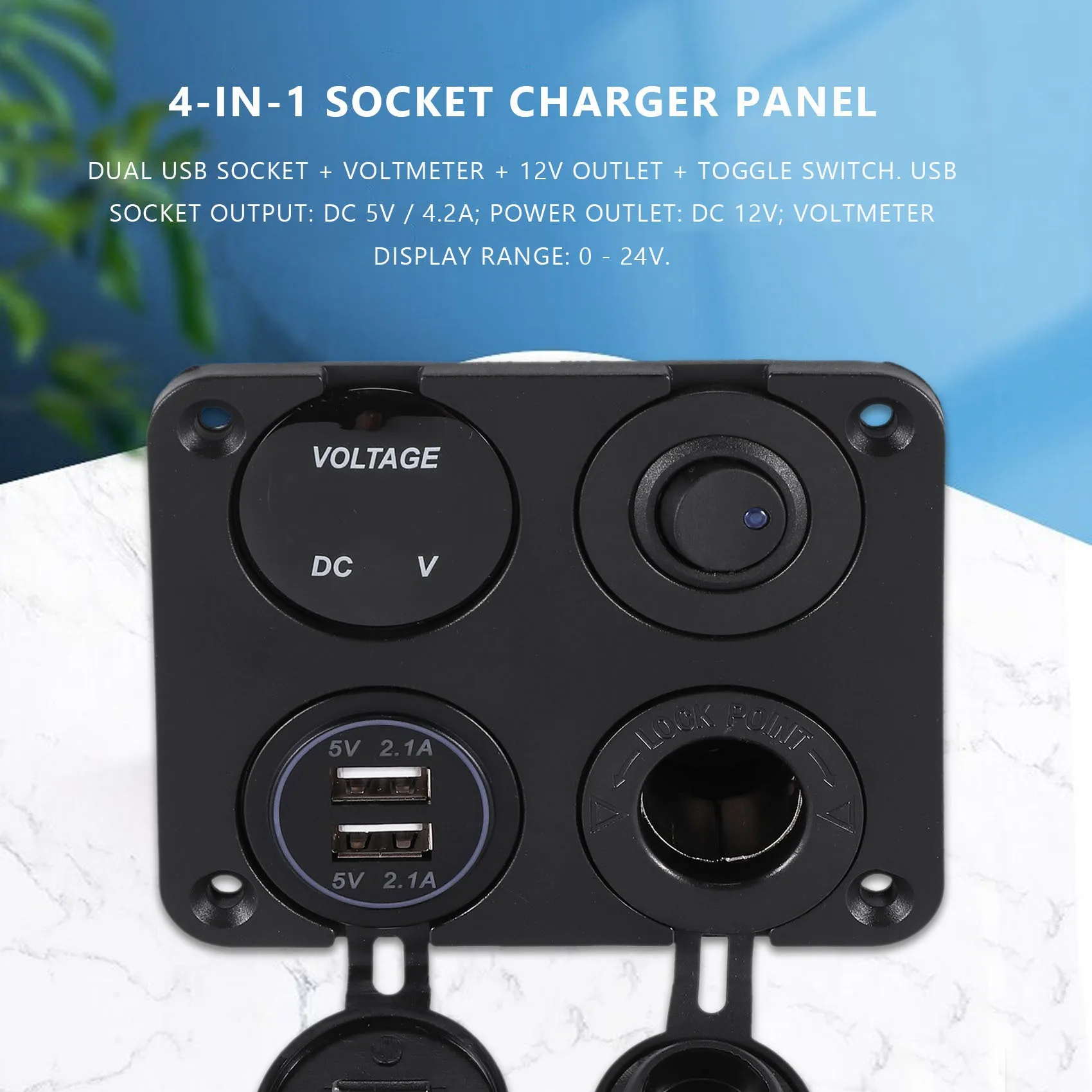 

4 Function Panel Dual USB Charger Green LED Volt 12V Power Outlet ON-OFF Switch