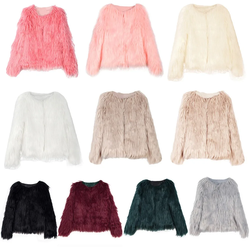 Fashion Furry Faux Fur Coat Women Fluffy Warm Long Sleeve Female Outerwear Autumn Winter Coat Jacket Hairy Collarless Overcoat