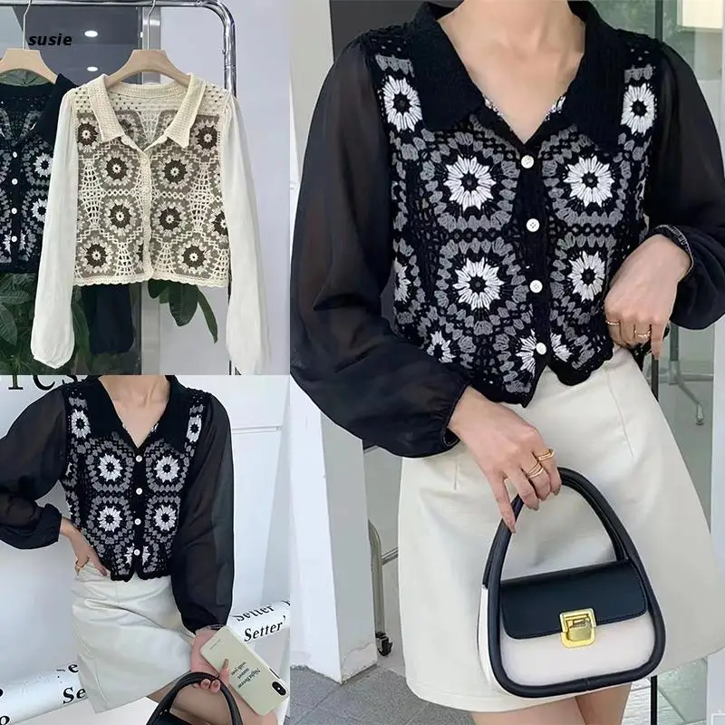 

X7YA Women Casual Lapel Collar Buttons Cropped Cardigan Top Chiffon Puff Long Sleeve Crochet Knit Floral Jacket Blouse Shirts