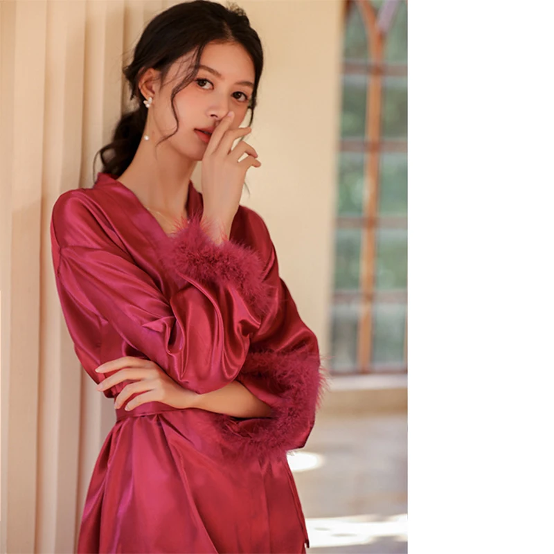 

White Sleep Dress Ice Silk Robe Nightgown Long Sleeve Feather Homedress Lounge Loose Cardigan Bathrobe Home Clothing