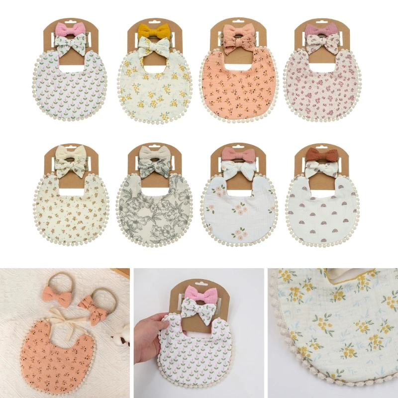

Boys Girls Bandana Burp Cloths set Newborn Double Side Bibs with Bow Headband