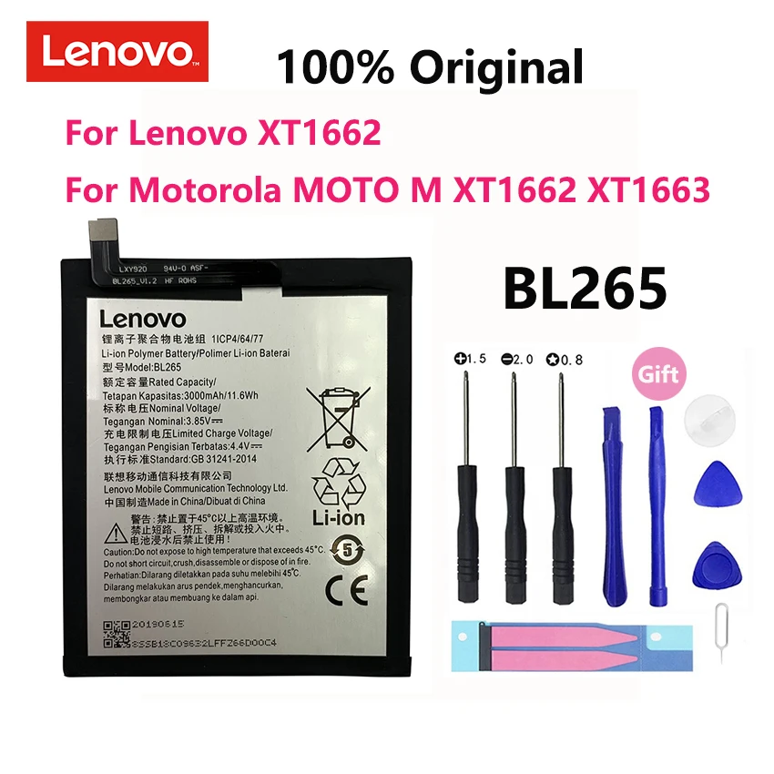 

100% Оригинальный аккумулятор BL265 3000 мА/ч для Lenovo XT1662 для Motorola MOTO M XT1662 XT1663 мобильный телефон аккумулятор