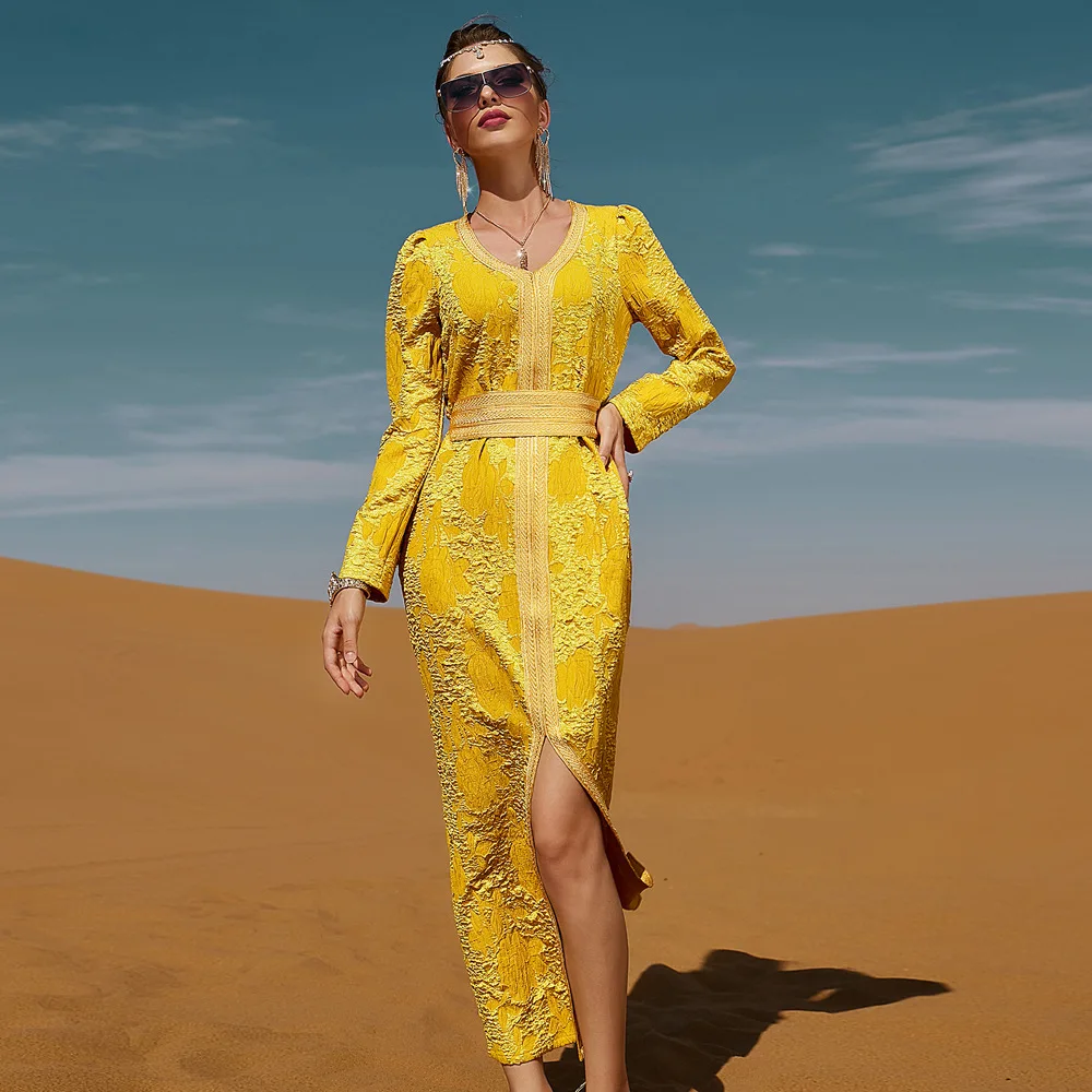 Solid Yellow Women Dress Muslim Abaya Dubai Kaftan Islamic Clothing Evening Party Gown Caftan Marocain Djellaba Eid Ramadan