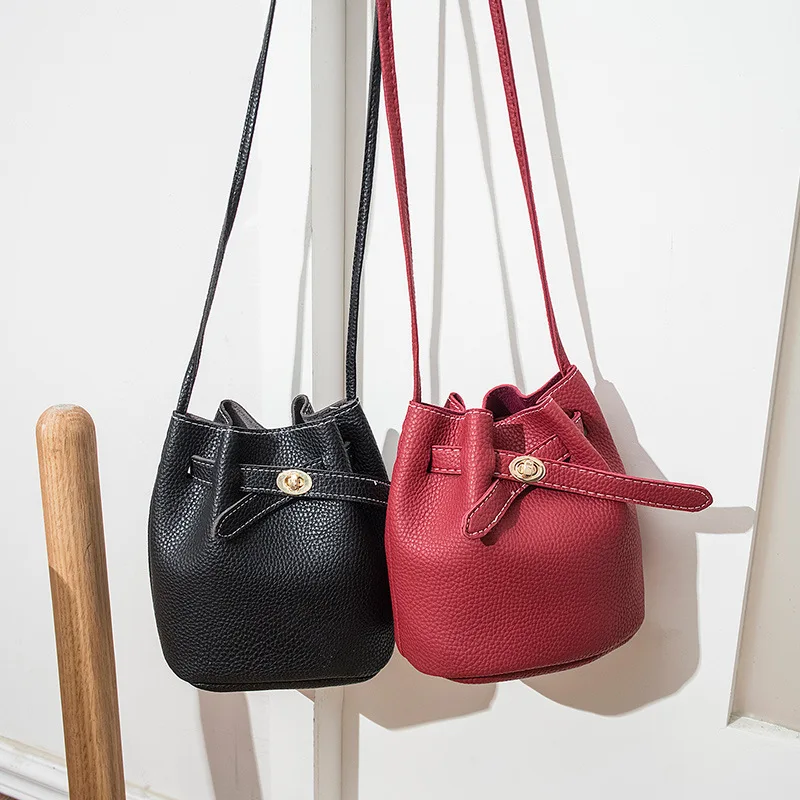

Women Large Capacity Holiday Accessories PU Leather Portable Cross Body Solid Casual Gift Bucket Bag Single Shoulder With Buckle