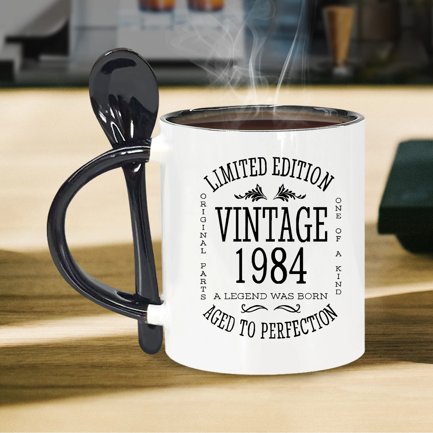 Винтажная Черная Керамическая Кофейная Кружка С Ложкой 11 Унций Подарок Для Мамы