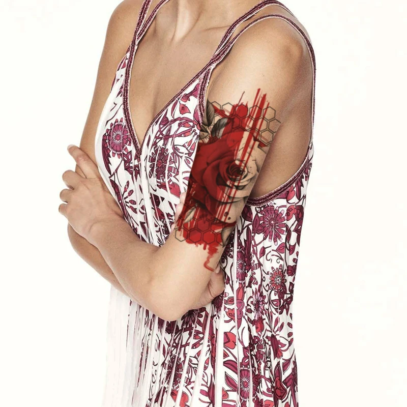 

Водостойкая временная татуировка для женщин и мужчин, наклейка на руку с геометрическим рисунком, красного, треугольника, розы, черная линия, цветок, боди-арт
