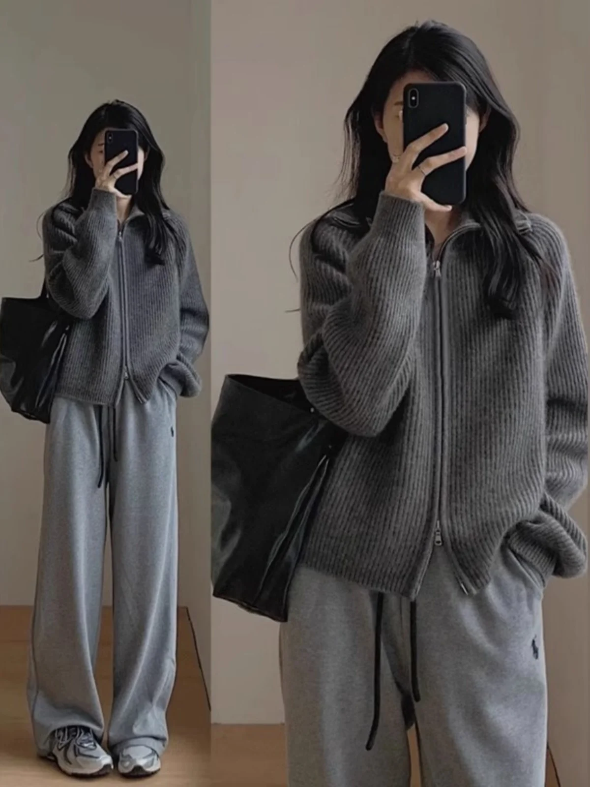 Серый свитер с воротником на молнии женский осенне-зимний 2024 новая популярная