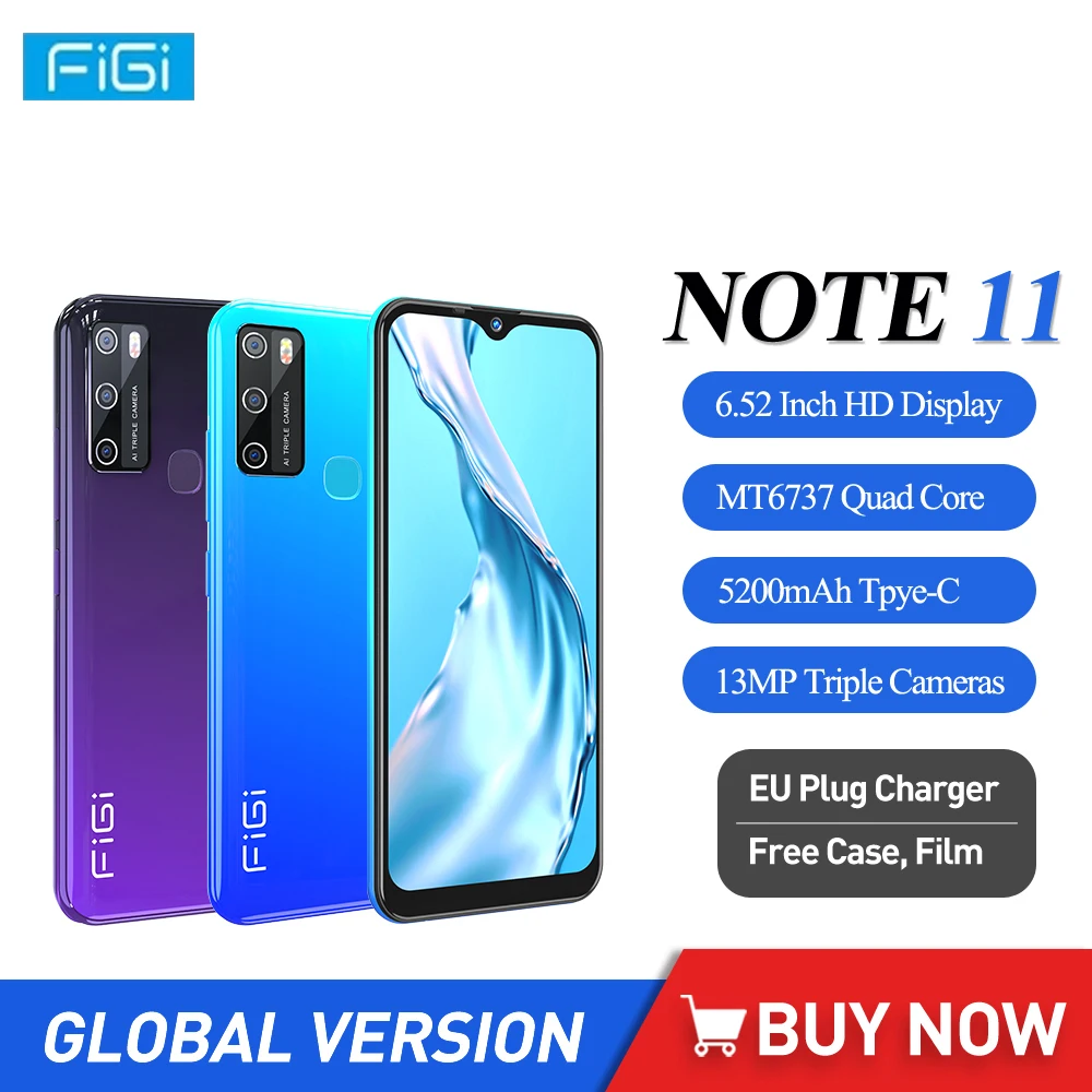 

FIGI Note 11 Android 10 Cellphones MT6737 Quad Core Mobile Phone 6.52 Inch HD+ 3GB 32GB Smartphone 5200mAh 13MP Triple Cameras