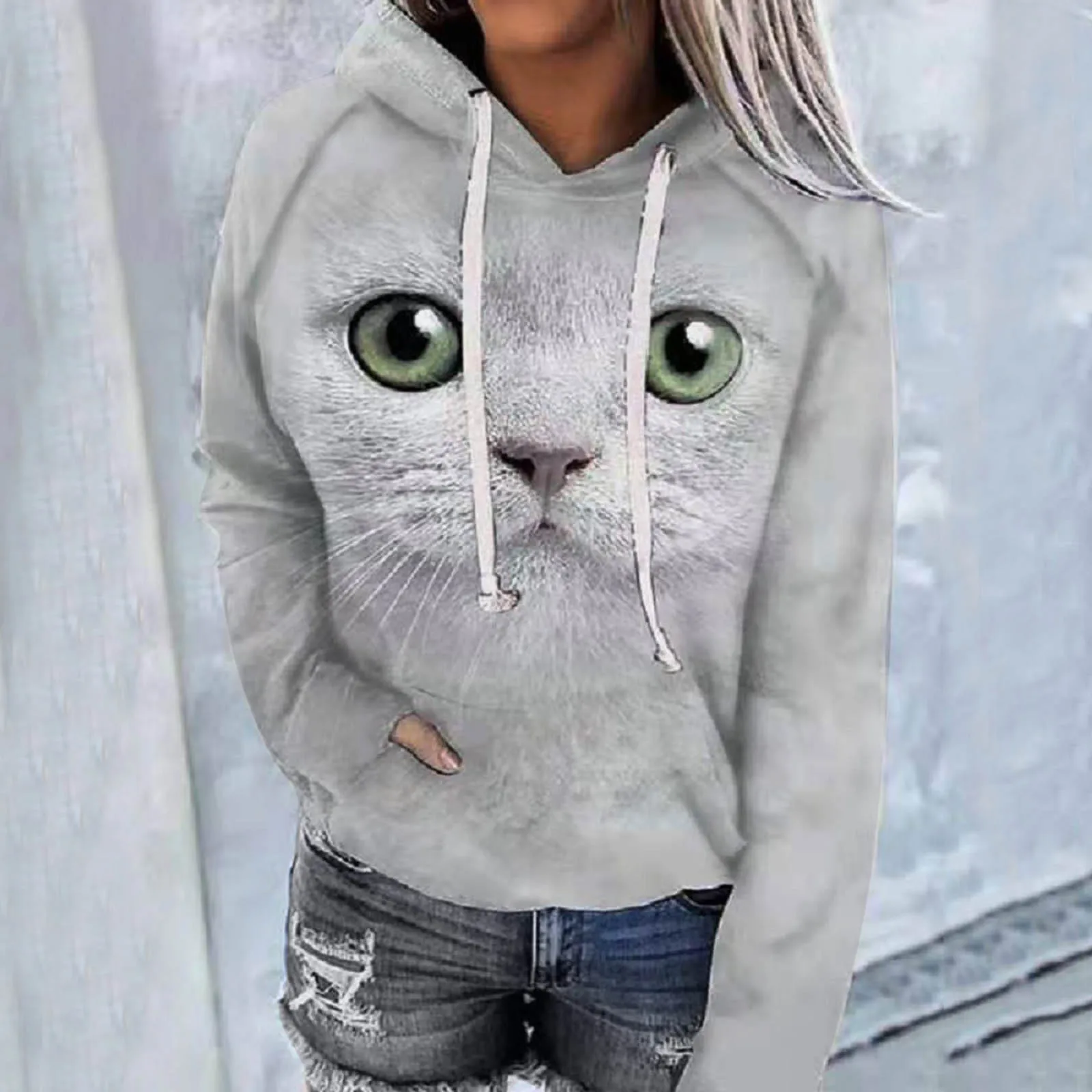 

Loose Hoodie Sleeve Women's Sleeve Pocket Raglan Cat Printed Sweater Long Women's Hoodies & Light Sleeve Big And Tall Hoodie Zip