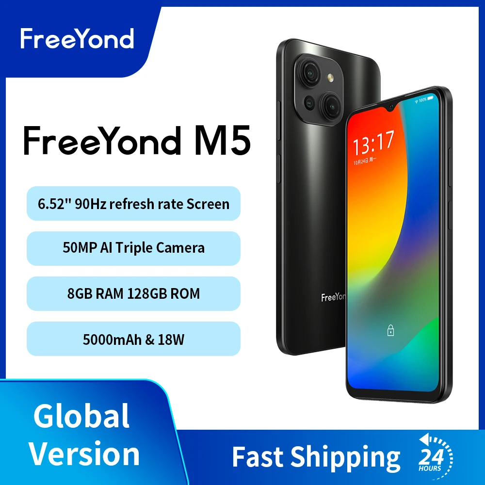 FreeYond M5 8GB 128GB Cellphones 50MP AI Triple Camera 90Hz IPS Screen 5000mAh 18W Fast Charging Android Phone Smartphone